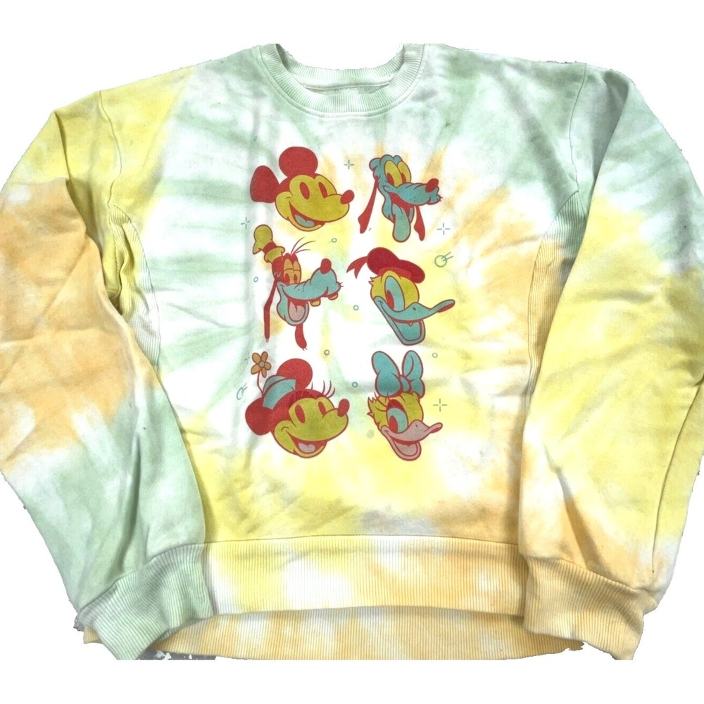 Disney Sweatshirt Women Small Yellow Crew Neck Sweater Tie Dye Mickey Mouse *